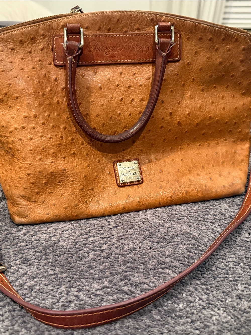 Vintage Dooney & Bourke Tan Ostrich-Embossed Leather Satchel with Brown Accents